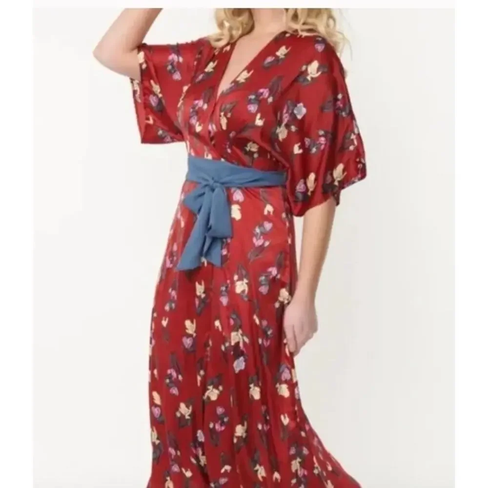 burgundy floral wrap dress Maroon Floral Wrap Midi Dress
